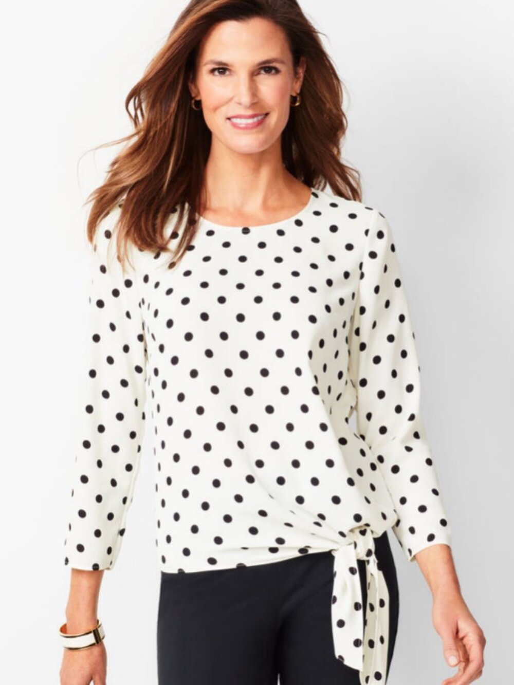 Talbots NEW Size M Pullover Polka Dot Blouse Black Creamy White Bracelet Sleeve